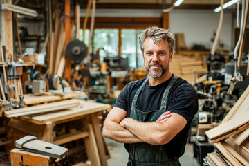 A serious woodworker with crossed arms stands proudly in his workshop surrounded by woodworking tools and creations, showcasing craftsmanship and dedication.