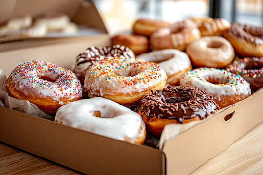 A visually tempting assortment of colorful donuts with various toppings, like sprinkles and glaze, attractively arranged in a box set upon a wooden table.