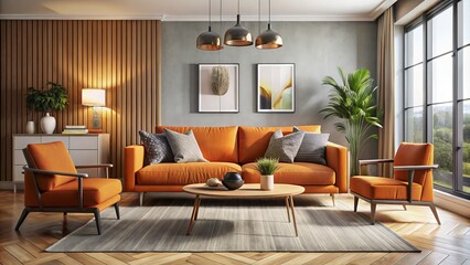 Modern living room interior featuring a cozy orange sofa, stylish coffee table, and vibrant accent pieces