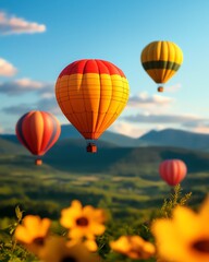 Obraz premium Colorful hot air balloons float gracefully over a serene landscape, creating a picturesque scene filled with natural beauty.
