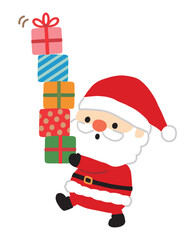 たくさんのプレゼントを運ぶかわいいサンタクロースのイラスト