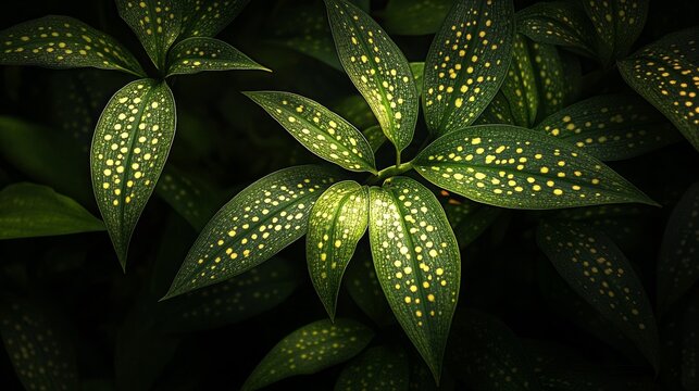 109. A close-up of night-scented lily leaves in a home jungle, illuminated by the soft rays of the morning sun, highlighting their unique patterns and lush appearance