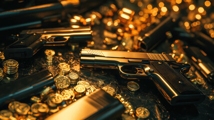 An opulent still life featuring shiny gold pistols and scattered coins, highlighting a sense of extravagance and clandestine intrigue.