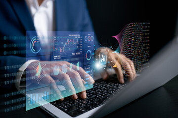 Scientist working with business data, finance, marketing report, Big Data Analytics technology, Processing Complexity information flow on virtual screen, machine learning, artificial intelligence, ML