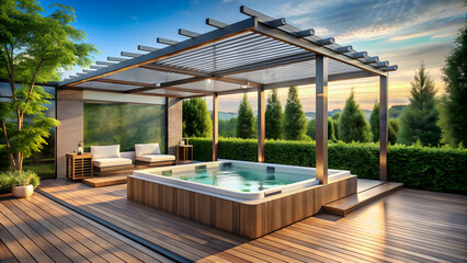 Luxurious jacuzzi with glass pergola on private deck, luxury, render, jacuzzi, glass, pergola, private, deck, relaxation