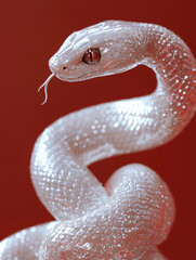 Fototapeta premium A radiant white snake poised in a delicate, crystal-like environment, enveloped in an ethereal red glow, creating a mystical and surreal ambiance.