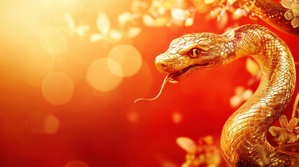 Obraz premium A close-up of a shimmering golden snake, highlighting its radiant scales and intense gaze against a rich red backdrop, exuding mystery and allure. 2025 year of the snake. Copy space for your text.