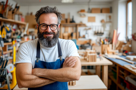 A confident bearded man standing with crossed arms, wearing an apron in a woodworking workshop, showcasing a background full of tools and lively creativity.