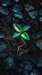 Naklejka premium Green sprout emerging from cracked dry soil