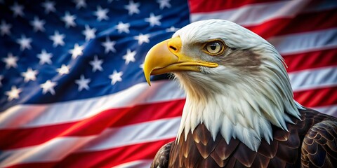 Naklejka premium Patriotic eagle perched on an American flag, looking fierce and majestic