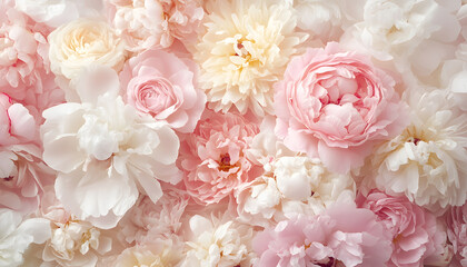 Obraz premium Soft, blooming peonies and roses in pastel shades, adding a delicate and feminine touch