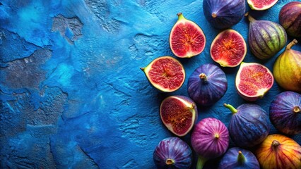 Vibrant and artistic image of figs in varying stages of ripeness against a bold blue background, figs, ripeness, vibrant