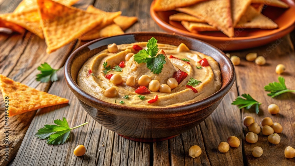 Wall mural Homemade chickpea hummus bowl with pita chips and paprika, closeup view, chickpea, hummus, bowl, pita chips, paprika, snack