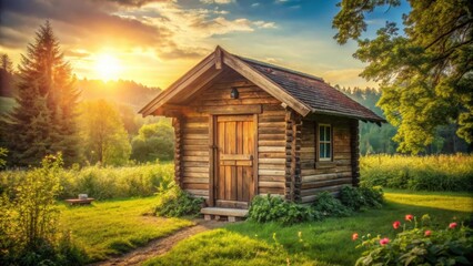 Detail of a vintage wooden hut in summertime, retro, toned, rustic, cabin, exterior, weathered, rural, quaint, nostalgic