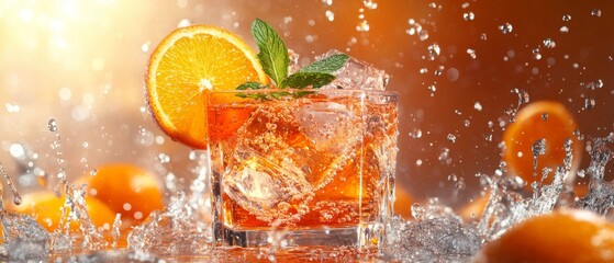 An orange cocktail with ice cubes and mint leaves in it, orange slices floating on the surface of the glass, splashing water droplets flying around, orange background, orange lighting, high-resolution