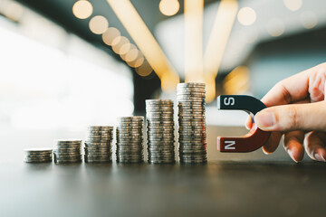 Image of coins stacked vertically from low to high with a businessman's hand holding a magnet to attract money.