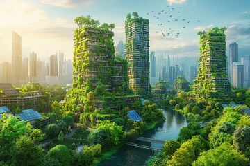 Fototapeta premium A futuristic cityscape with green buildings integrated into nature and waterways.