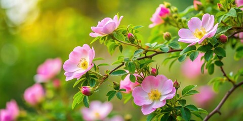 Wild rose bush with delicate pink petals and thorns, wild, rose bush, pink, petals, thorns, nature, plant, flower, flora
