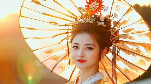Traditional Elegance: Woman with Parasol at Sunset