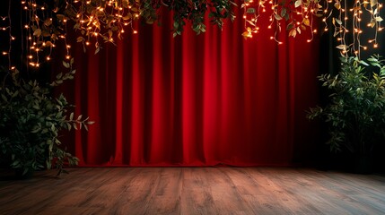A vibrant stage setting with red curtains, decorative lights, and greenery, perfect for performances or events.