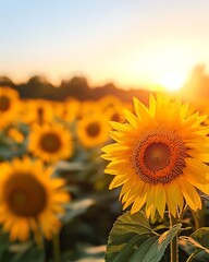 Obraz premium A vibrant sunflower basking in golden sunlight, surrounded by a lively field, symbolizing warmth and happiness.