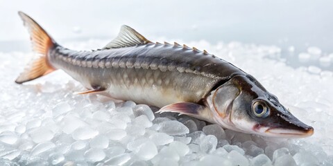 Obraz premium Pristine sterlet fish carefully arranged on a bed of ice, prepared for expert preparation and culinary delight.