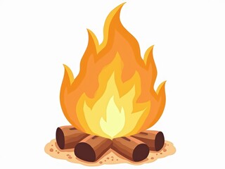 bonfire with wooden logs burning brightly on a white background