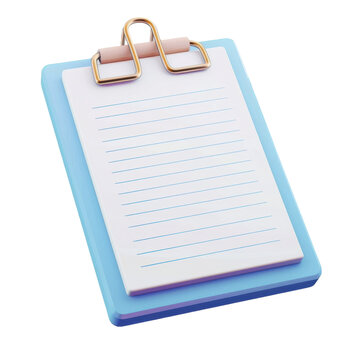 recommend clip art: A 3D rendered image of a blue clipboard with a blank sheet of lined paper and a gold clip.