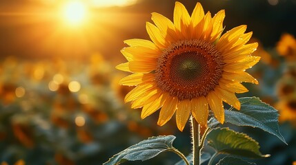 Fototapeta premium Sunflower Field at Sunset with Dew Drops