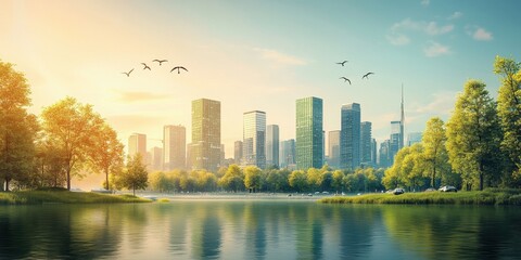 Obraz premium A serene cityscape with a lake, greenery, and skyscrapers under a bright sky.