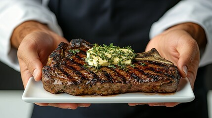 Close-up of a perfectly grilled bone-in steak with herb butter, held by a chef's hands
