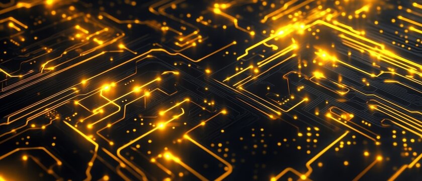 A background of yellow glowing circuit board patterns on black, perfect for a tech-themed mobile wallpaper. The pattern includes intricate designs with gold and white lines representing digital