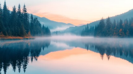 Fototapeta premium Tranquil Foggy Lake Surrounded by Misty Evergreen Forest at Sunrise