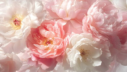 Obraz premium Soft, blooming peonies and roses in pastel shades, adding a delicate and feminine touch