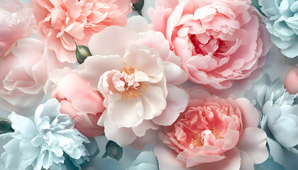 Obraz premium Soft, blooming peonies and roses in pastel shades, adding a delicate and feminine touch