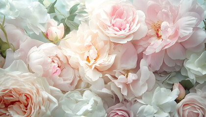 Obraz premium Soft, blooming peonies and roses in pastel shades, adding a delicate and feminine touch