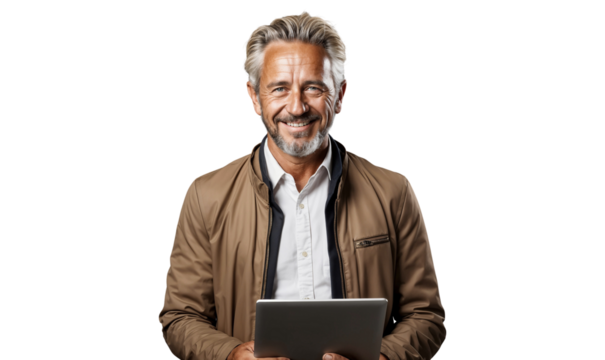 Portrait of a smiling senior businessman holding a laptop, isolated on transparent background