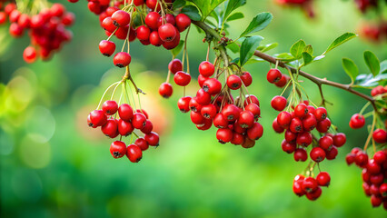 Obraz premium Red berries hanging on a lush green branch , nature, berries, red, branch, vibrant, fresh, seasonal, summer, close up, botanical