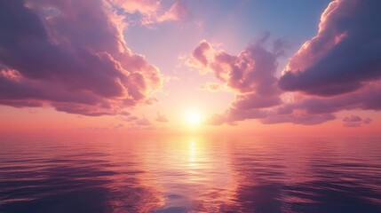 Sunset over a calm ocean with pink clouds