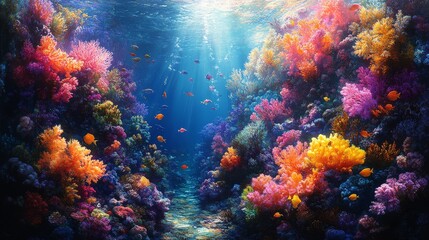 Underwater Coral Reef with Colorful Fish and Sunlight