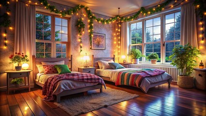 Obraz premium The cozy space features two unmade beds, surrounded by gentle, warm lighting, inviting whispers and laughter. A perfect