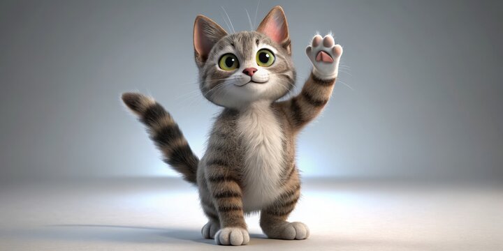 The cartoon cat balances on its hind legs, using one paw to gesture and the other to hold