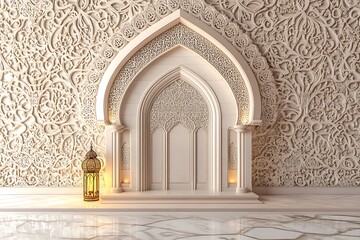 3D rendering of an Islamic arch with lanterns hanging on the sides. The background is dark blue,...