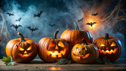 Spooky Halloween pumpkins with bats, spiders, and ghosts on a dark background, pumpkins, Halloween, spooky, bats, spiders