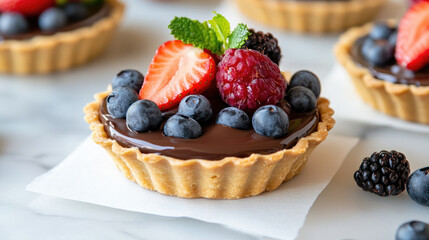 Delight in chocolate tartlet featuring crisp crust, filled with rich chocolate ganache, and topped with fresh strawberries, blueberries, raspberries, and blackberries