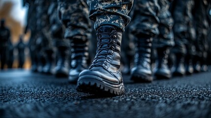 Closeup of a soldier's boots while marching in formation