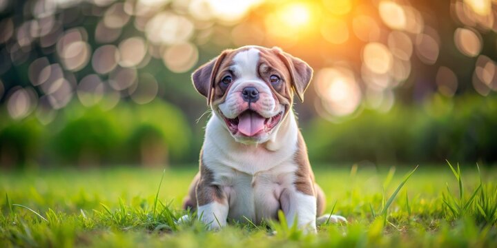 This adorable Alapaha Blue Blood Bulldog puppy is soaking up the sunshine, sitting happily on a bright green