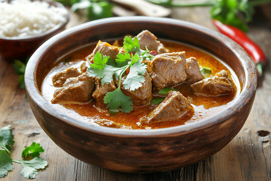 A vibrant bowl of mutton curry garnished with fresh cilantro and served with rice 