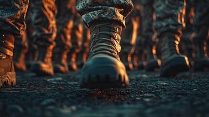 Close-up of a Soldier's Boots in a Line of Marching Troops