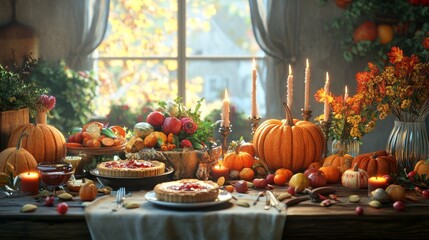 Rustic thanksgiving feast  a table adorned with pumpkins, vegetables, flowers, and candles